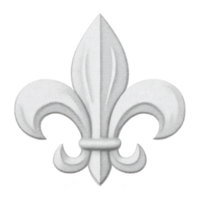 Image shows white fleur de lis symbol, stylized lily often used in heraldry and decoration. It is depicted with symmetrical design and smooth curves.fleur de lis symbol on transparency background png
