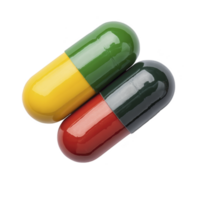Two colorful capsules, one yellow and green, other red and black, are placed side by side on transparency background. glossy surface of capsules reflects light, highlighting their smooth texture png