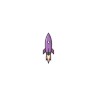 Purple cartoon rocket with single window is launching into space against transparency background, leaving trail of fire and smoke. design is simple and playful, evoking sense of adventure png