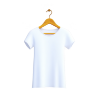 Plain white t shirt hangs on wooden hanger against transparency background, showcasing simplicity and minimalism. shirt clean design and neutral color make it versatile for various styles png