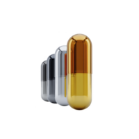 Three glossy capsules in metallic and amber colors are aligned in row, showcasing modern and sleek design. reflective surfaces create futuristic and innovative appearance png