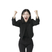 Woman in black outfit is expressing excitement with her fists raised and mouth open, conveying sense of triumph and joy. background is transparent, highlighting her enthusiastic pose png