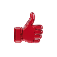 Red glass like thumbs up symbol on transparent background, conveying approval or positivity. glossy finish adds modern and sleek touch to design png