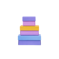 Colorful stack of four gift boxes in pastel shades of purple, pink, yellow, and blue, arranged in pyramid shape. boxes are neatly aligned, creating visually appealing and cheerful display png