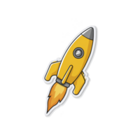 Yellow cartoon rocket with fiery trail, symbolizing adventure and exploration. playful design features circular window and fins, set against transparent background png