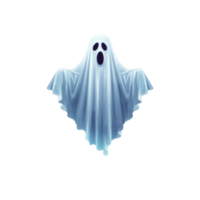 Cartoon ghost with white sheet and surprised expression floats against transparent background, evoking spooky yet playful Halloween theme png
