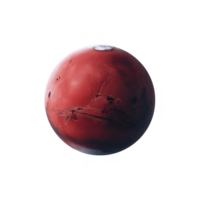 Digitally rendered image of red planet, resembling Mars, with visible surface details and polar ice caps. planet is isolated against transparency background, highlighting its spherical shape png