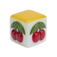 Colorful cube with glossy finish features yellow top and red cherries with green leaves on its sides, creating playful and vibrant design png