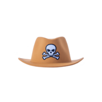 Brown cowboy hat with skull and crossbones emblem on front, creating playful and adventurous vibe. hat wide brim and unique design make it standout accessory png