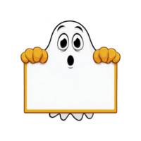 Cute cartoon ghost with wide eyes and orange hands holds blank sign, perfect for adding text or messages. ghost expression is playful and inviting, making it ideal for Halloween themed designs png