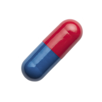 Red and blue capsule pill isolated on transparency background, symbolizing medication or pharmaceutical use. glossy surface reflects light, highlighting its smooth texture png