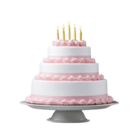 Beautifully decorated three tiered cake with pink frosting and six lit candles on top, perfect for celebration or birthday party. cake is displayed on white cake stand png