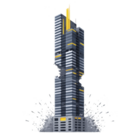 Modern skyscraper with unique design features mix of blue and yellow accents, standing tall amidst dynamic splash effect, conveying energy and innovation png