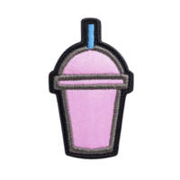 Colorful embroidered patch of pink milkshake with blue straw, featuring playful and vibrant design. patch has black border, adding contrast to pastel colors png