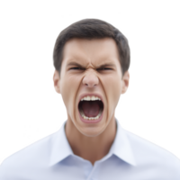 Man in white shirt is expressing intense anger, with his mouth wide open as if shouting. background is plain, emphasizing his emotional expression png