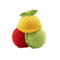 Three scoops of colorful ice cream, featuring vibrant yellow, red, and green flavors, are stacked with fresh mint garnish on top, creating refreshing and appetizing dessert display png