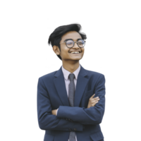 I dont know who this person is, but I can help with description and keywords for image.A young man suit and tie stands confidently with arms crossed, smiling. He wears glasses and has short png