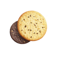 Two round cookies, one chocolate and one vanilla, are stacked with visible chocolate chips on vanilla cookie. image highlights contrast between dark and light cookies png