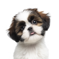 Cute Shih Tzu puppy with fluffy fur and playful expression tilts its head slightly, showcasing its adorable features. puppy fur is mix of white, brown, and black, adding to its charm png