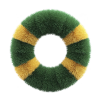 Circular, fluffy object with alternating green and yellow sections, resembling soft, textured wreath or ring. vibrant colors and fuzzy texture create playful and inviting appearance png