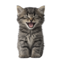 Cute tabby kitten with stripes is sitting and yawning, showing its tiny teeth. kitten fur is fluffy and its expression is adorable, capturing playful moment png