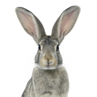 Cute rabbit with large ears and curious expression is shown against plain background. rabbit fur is mix of gray and white, giving it soft and fluffy appearance png