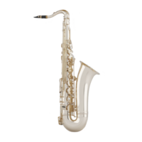 Shiny silver saxophone with intricate keys and curved neck, showcasing its elegant design. instrument is isolated on transparency background, highlighting its polished finish png