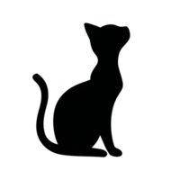Silhouette of sitting cat with its tail curled and head tilted upwards, creating sleek and elegant profile. image is simple and monochromatic, emphasizing cat graceful form png