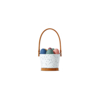 Small white speckled basket with brown handle holds colorful eggs, including blue, green, and pink, creating festive and cheerful display png