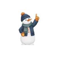 Cheerful snowman wearing blue jacket, hat, and scarf, with orange carrot nose, raises one arm playfully. snowman stands on transparency background, exuding festive winter vibe png