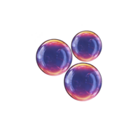 Three iridescent soap bubbles float against transparency background, displaying spectrum of colors including purple, pink, and orange. bubbles appear delicate and translucent, capturing light png