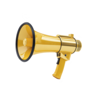 Shiny yellow megaphone with black rim and handle is depicted against transparency background, showcasing its sleek and modern design png
