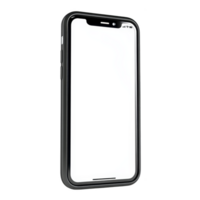 Sleek black smartphone with blank white screen is displayed at angle, showcasing its modern design and minimalistic style. device appears to be floating against plain background png