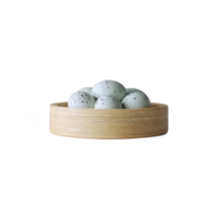 Bamboo basket filled with speckled eggs creates rustic and natural display, evoking sense of simplicity and organic charm png