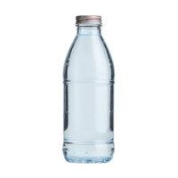 Clear glass bottle filled with water, featuring metal cap, stands against plain background. simple design highlights bottle transparency and purity of water inside png
