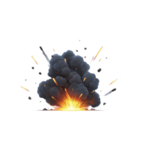 Dramatic explosion with fiery orange and yellow flames erupts, surrounded by thick black smoke and flying debris, creating sense of chaos and intensity png