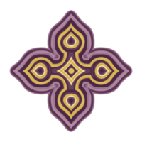 Symmetrical, abstract design features layered purple and yellow shapes forming cross like pattern. intricate, geometric motif creates sense of balance and harmony png
