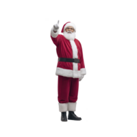 Santa Claus in classic red suit with white trim stands joyfully pointing upwards, embodying festive spirit. His iconic attire includes black belt and boots, symbolizing holiday cheer png
