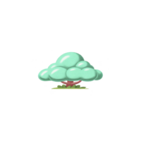 Cartoon style tree with fluffy, cloud like green canopy and simple brown trunk stands on small patch of grass, set against plain background png