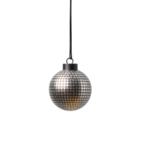 Hanging disco ball light fixture with reflective surface creates vibrant and festive atmosphere, perfect for parties and celebrations. spherical design adds touch of retro style png