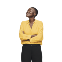 Person wearing bright yellow shirt stands confidently with arms crossed, exuding sense of joy and satisfaction. background is plain, emphasizing subject expression and attire png