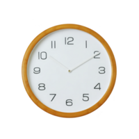 Round wall clock with wooden frame and minimalist design features black numerals and hands on white face, showing simple and elegant style png