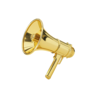 Shiny golden megaphone with sleek design, symbolizing communication and announcement. metallic finish adds luxurious touch, making it stand out as statement piece png