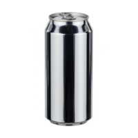 Tall, sleek aluminum can with shiny, reflective surface stands upright, showcasing its modern design. can is unopened, with pull tab on top, and is isolated on transparency background png