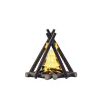 Campfire with wooden logs arranged in teepee shape, burning brightly with yellow flames. fire creates warm and inviting atmosphere, perfect for outdoor gatherings or camping experiences png