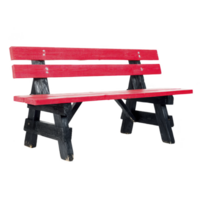 Vibrant red and black wooden bench with simple, rustic design, perfect for outdoor seating in gardens or parks. bench features sturdy construction with classic slatted backrest png