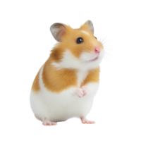 Cute hamster with brown and white fur stands on its hind legs, looking curiously ahead. Its small paws are held close to its chest, and its whiskers are prominently visible png