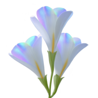 Three elegant white flowers with iridescent petals and green stems create serene and ethereal appearance. delicate colors and soft texture evoke sense of tranquility and beauty png
