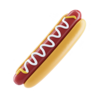 3D illustration of hot dog with mustard and mayonnaise on bun, showcasing classic fast food item. vibrant colors and realistic textures make it visually appealing png