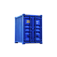 Vibrant blue shipping container stands isolated against transparency background, showcasing its industrial design and sturdy metal construction. container features bold number 20 on its side png